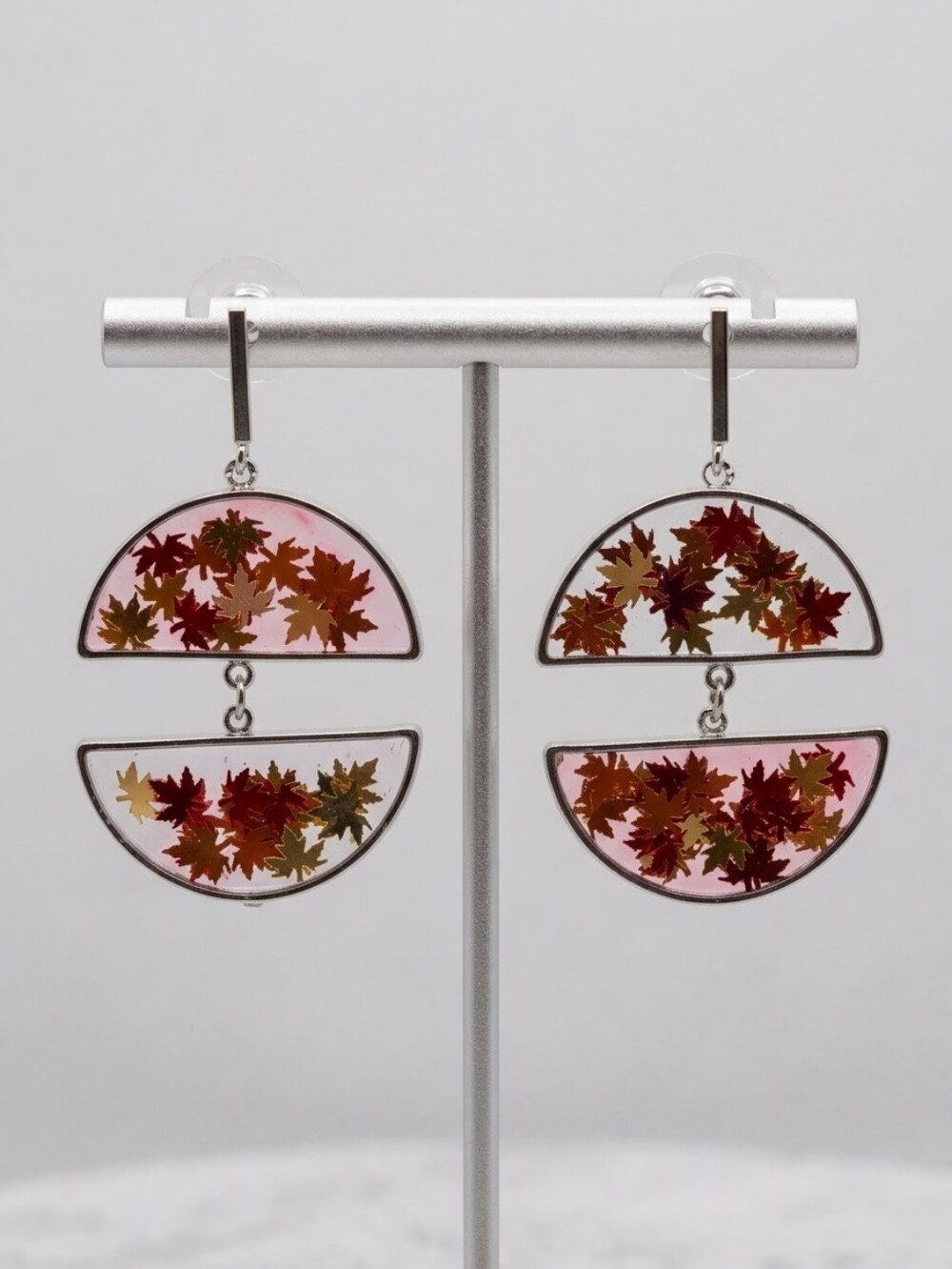Fall Autumn Maple Leaf Geometric Resin Dangle Earrings Hypoallergenic Silver